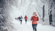 Woman running in winter forest. Female runner jogging in snowy forest.