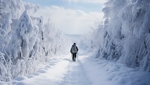 Winter landscape with snow covered trees and a man walking along the path