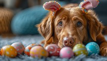 A cute brown golden retriever dog wearing bunny ears lies on the floor next to a pile of colorful Easter eggs.