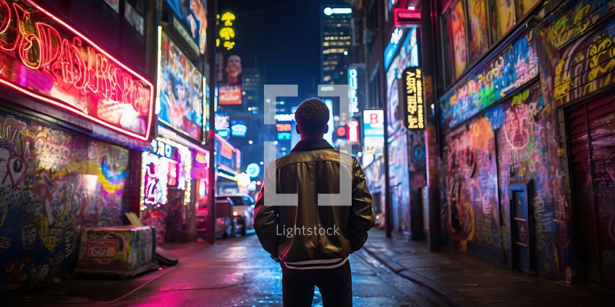  Man Walking in Vibrant Neon City