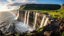 Panoramic view of beautiful waterfall with rainbow