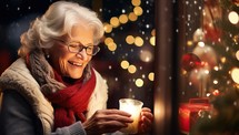 happy senior woman with christmas candle at home over snowfall background