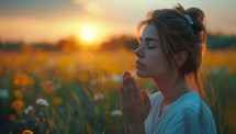 Young woman praying in a field of flowers at sunset.