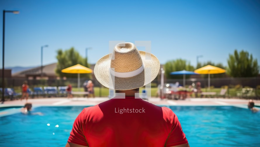 Rear view of man wearing straw hat standing by swimming pool at sunny day