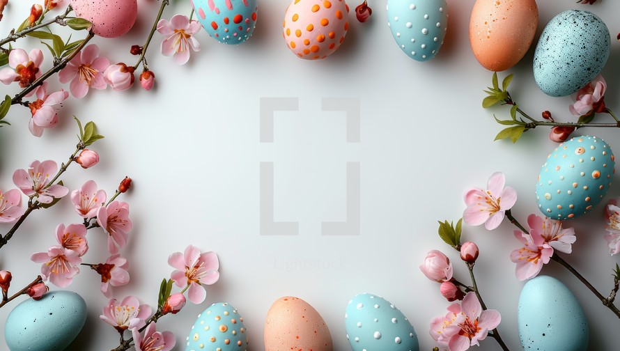 Colorful easter eggs and spring flowers on white background, flat lay. Space for text