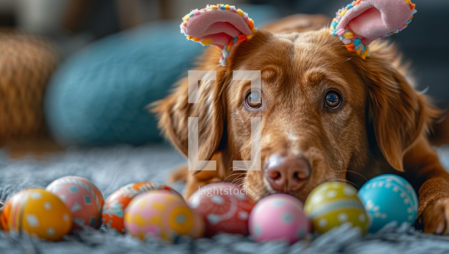 A cute brown golden retriever dog wearing bunny ears lies on the floor next to a pile of colorful Easter eggs.