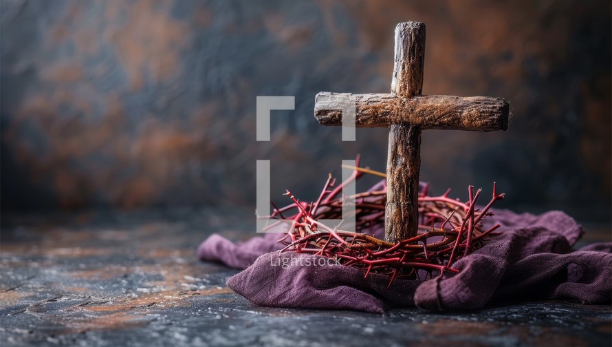 Vintage wooden cross and crown of thorns on purple cloth