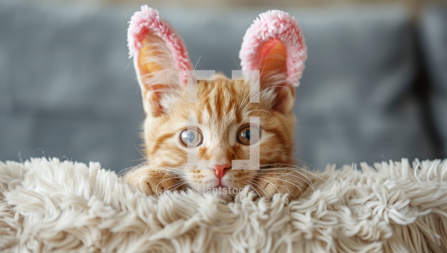 Cute little ginger kitten wearing bunny ears on fur rug at home