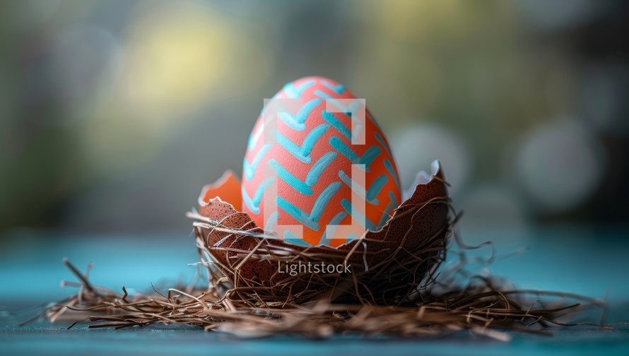 A painted Easter egg in a nest.
