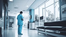 Surgeon standing in hospital corridor with stethoscope on neck.
