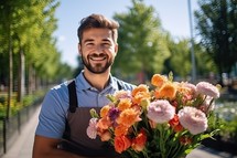 Portrait of a handsome young man florist holding a bouquet of flowers.