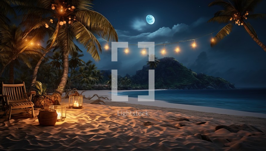 Beach at night with palm trees, chaise lounges and lanterns