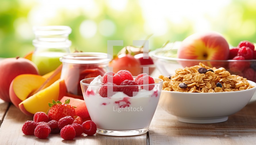 Healthy breakfast with muesli, yogurt and fresh fruits.