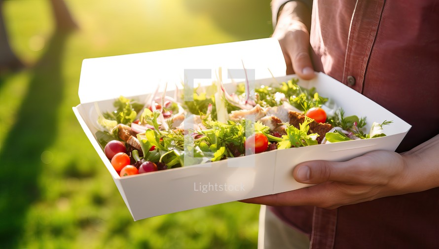Fresh salad in a box in the hands of a young man.