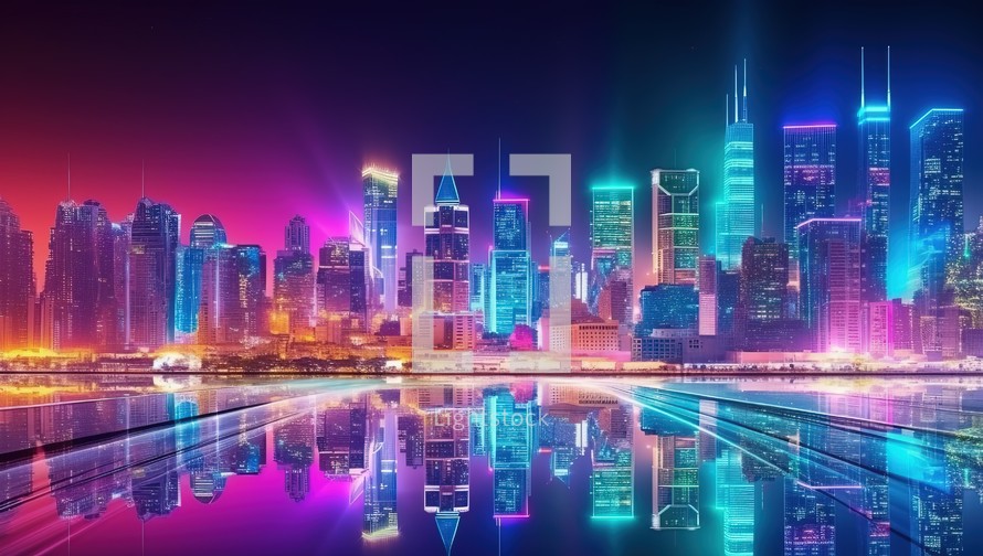 skyline at night with reflection in water