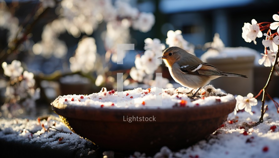 The chaffinch sits on a flower in the garden in winter
