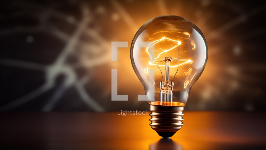 Glowing glass light bulb on dark background with glowing lines
