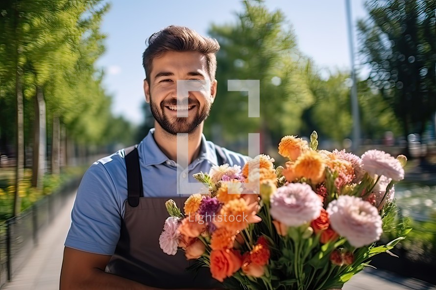 Portrait of a handsome young man florist holding a bouquet of flowers.