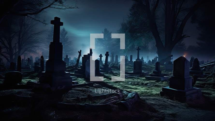Gravestones in the cemetery at night. Halloween concept. 