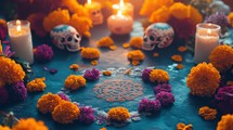 Day of the Dead, Dia de los Muertos altar with sugar skulls, marigold flowers and candles. Concept Mexican tradition, remembrance, celebration of life.