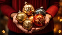 Hands holding Christmas baubles with festive lights background