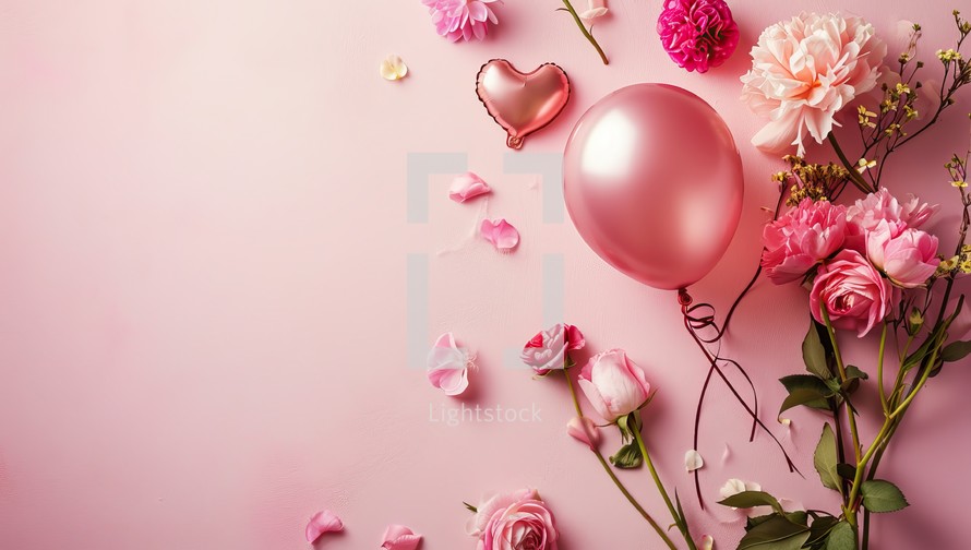 Valentine's day background with roses and balloons on pink background