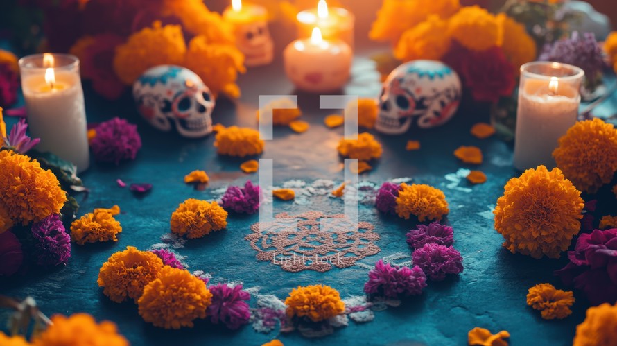 Day of the Dead, Dia de los Muertos altar with sugar skulls, marigold flowers and candles. Concept Mexican tradition, remembrance, celebration of life.