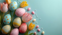 Colorful easter eggs and tulips on blue background, top view