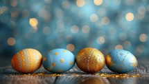 Four Decorated Easter Eggs on a Wooden Table Against a Blue Sparkly Background