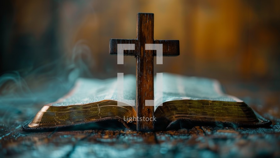 Open Bible with Wooden Cross on Dark Background