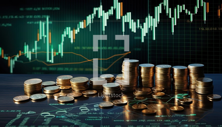 Investment concept, Coins graph stock market with candle stick background.