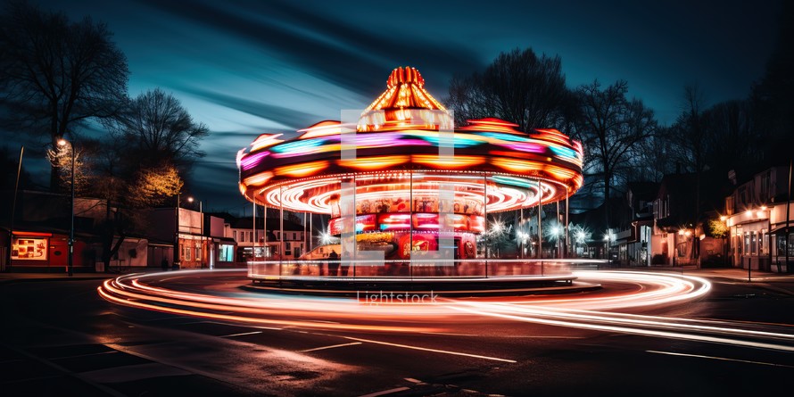 Carousel in the city at night with motion blur, long exposure