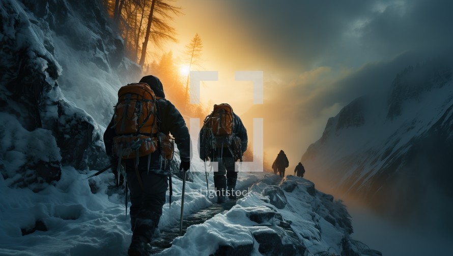 Hikers with backpacks walking in the snowy mountains at sunset.