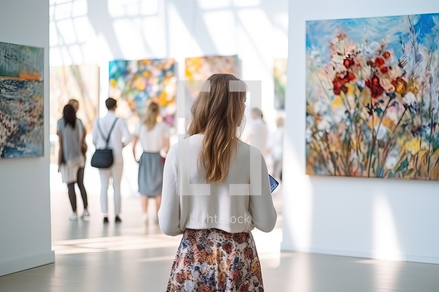 Rear view of young woman looking at artworks in art gallery