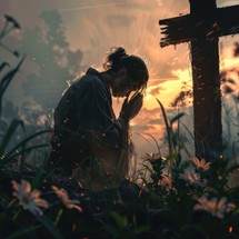 Illustration of woman praying beneath a cross