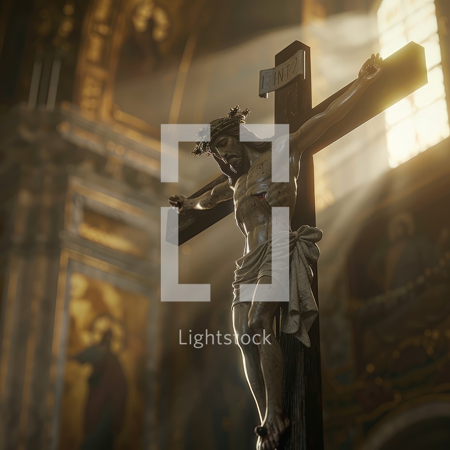 Crucifix in front of church window
