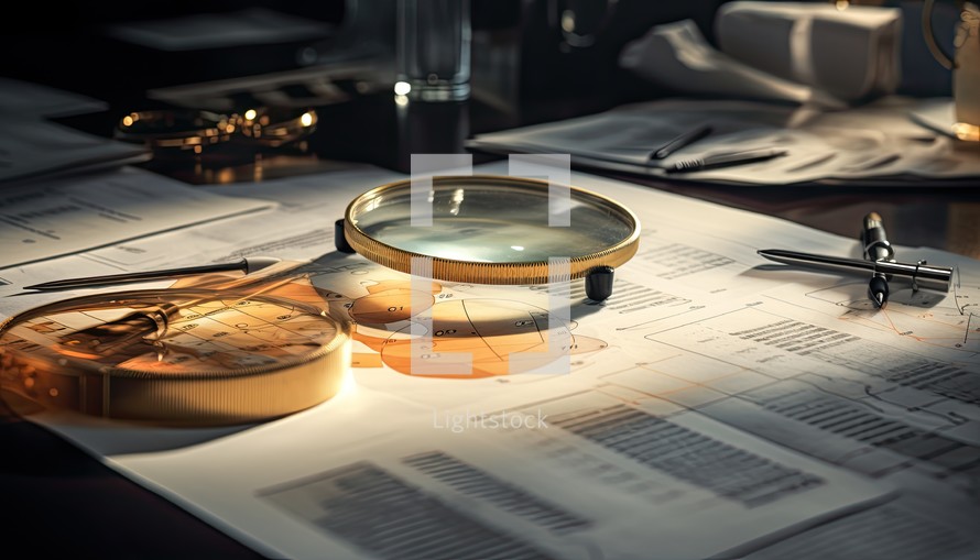 Business still life with magnifying glass and financial chart. 3d rendering