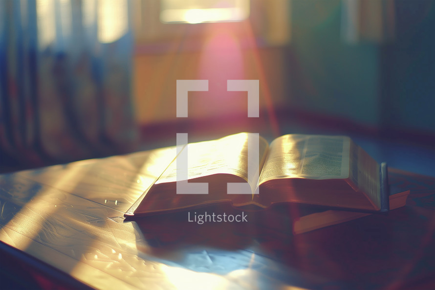 Open bible in sunlight on desk