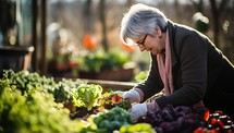 Elderly woman buying vegetables in the vegetable garden.