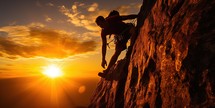 Silhouette of a man climbing on a cliff against the setting sun
