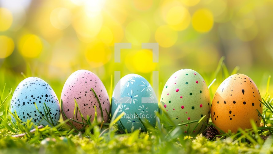 Colorful Easter eggs nestled in green grass with bokeh background. Spring holiday celebration concept.