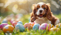Cavalier King Charles Spaniel puppy and easter eggs on green grass
