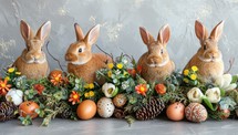 Four Easter bunnies with eggs and flowers on a gray background