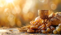 Sacred grail, bread, grapes and wine on table against blurred background