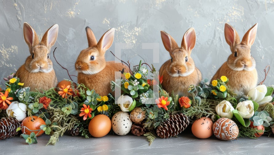 Four Easter bunnies with eggs and flowers on a gray background