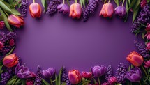 Purple tulips and hyacinths on purple background