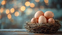 A nest of brown eggs on a wooden table with a blurred background of lights.