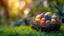 Colorful easter eggs in nest on green grass with bokeh background