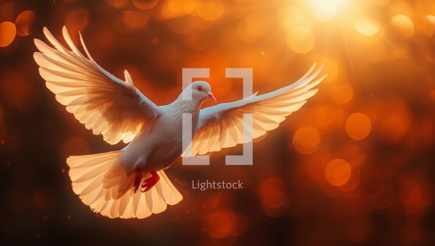 Dove flying in the air with sunset light bokeh background