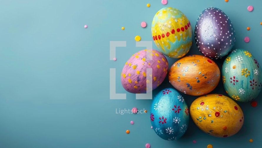 Colorful easter eggs on blue background with copy space for text.